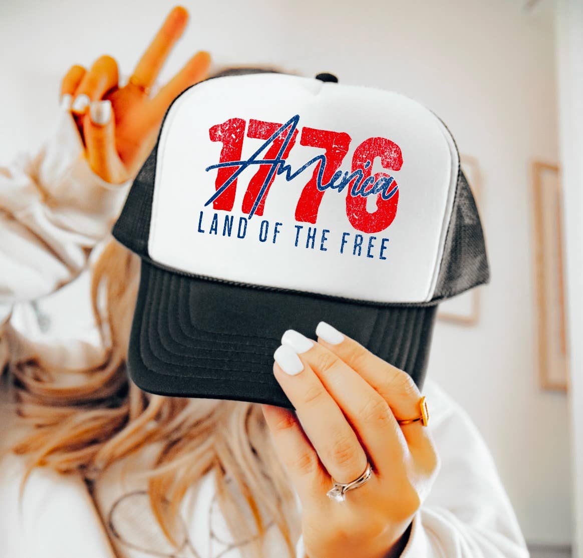Distressed 1776 Land Of The Free Trucker Hat USA America 