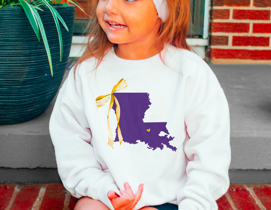 YOUTH LSU Tigers Coquette Bow State Sweatshirt Kids  
