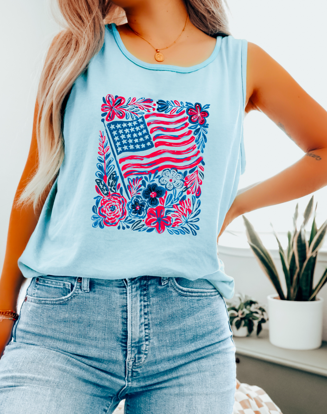 Retro Floral USA Flag Tank 4th Of July America