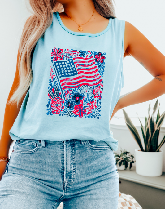 Retro Floral USA Flag Tank 4th Of July America
