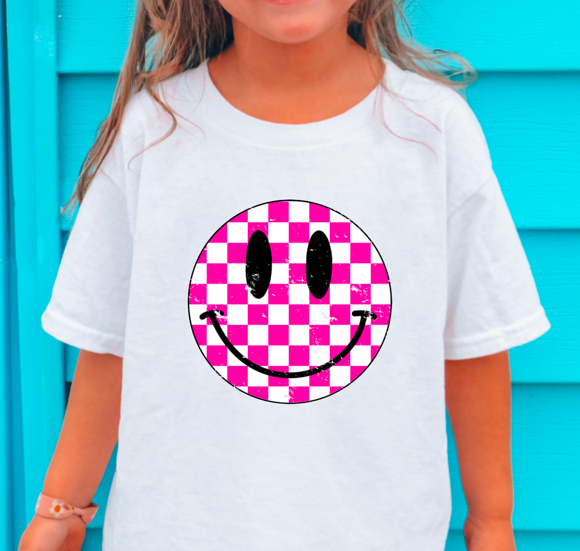 Pink Checkered Smiley Face Youth Comfort Color Tee