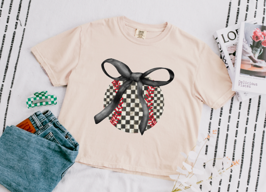 Preppy Baseball Coquette Bow Checker Boxy Tee Sports 