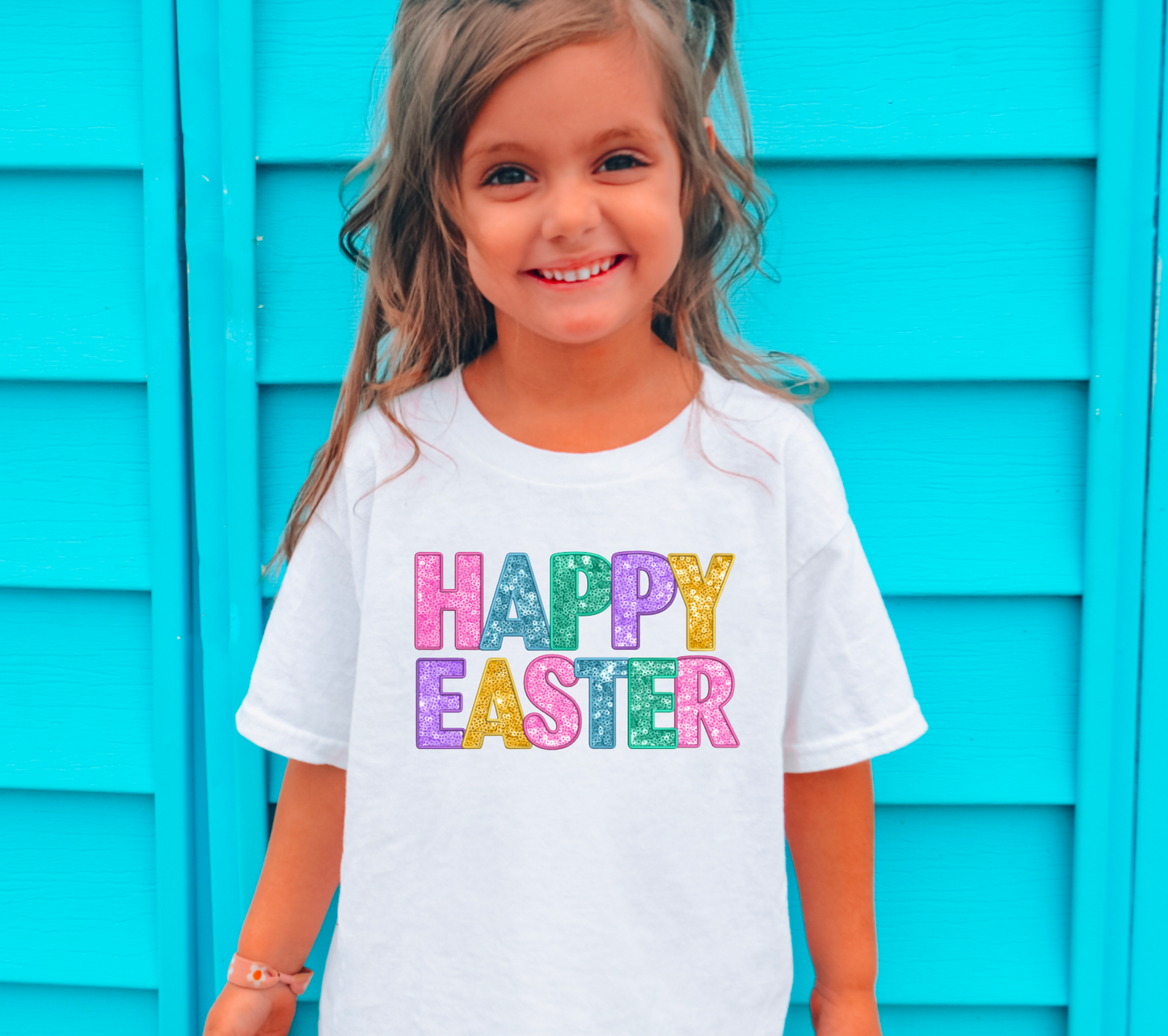YOUTH Faux Sequins Happy Easter Graphic Tee Kids T-Shirts