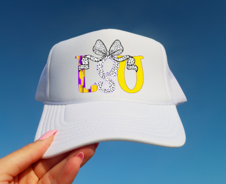 Preppy LSU Tigers Coquette Bow Trucker Hat Football Sports