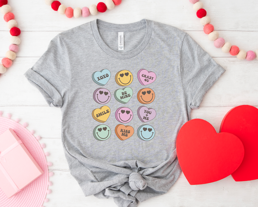 Retro Smiley Face Conversation Hearts Bella Canvas Tee