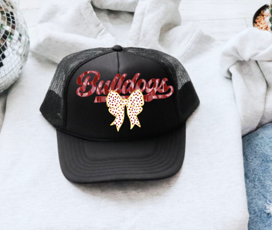 Preppy Watercolor Bulldogs Coquette Bow Trucker Hat
