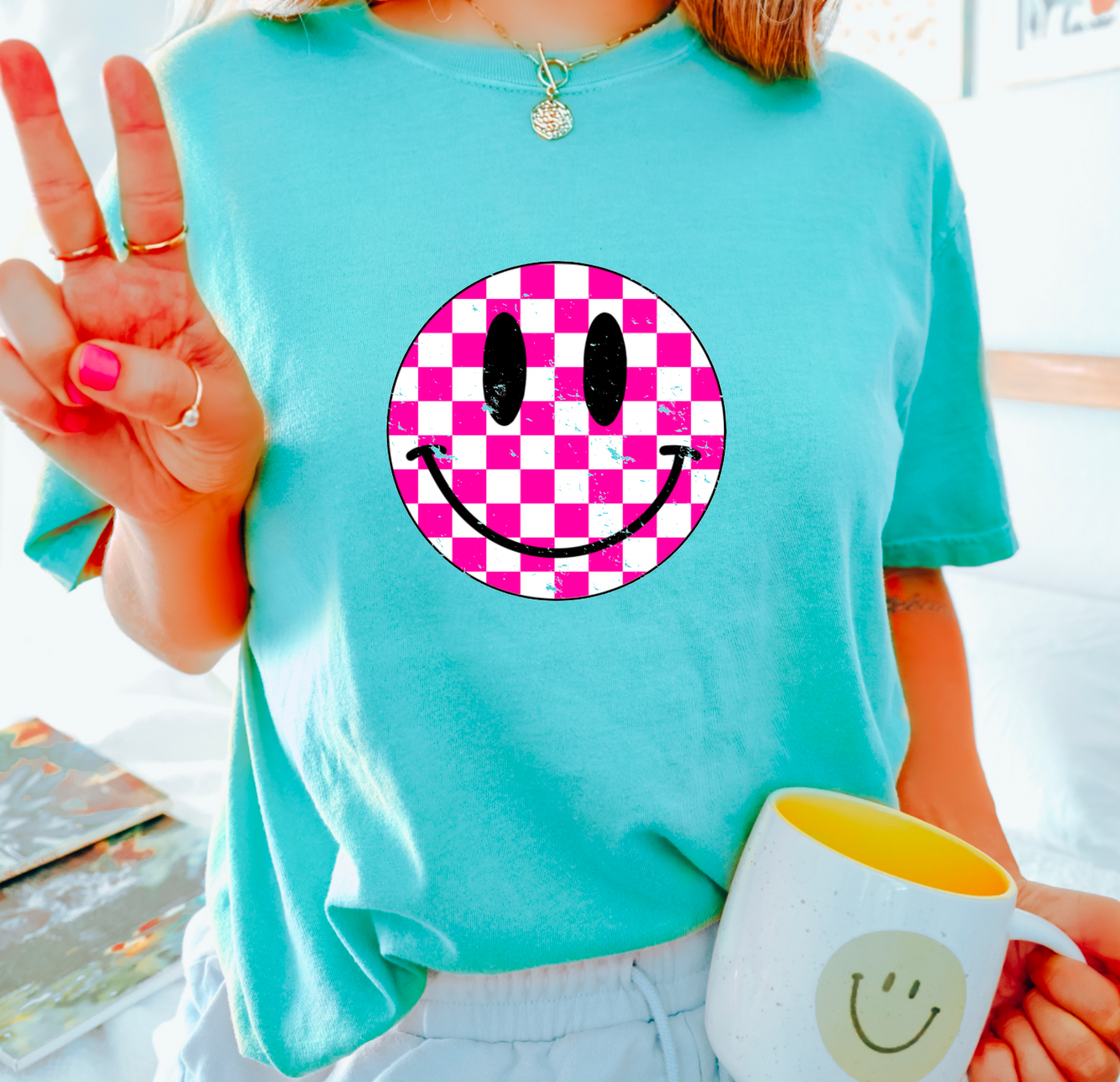 Pink Checkered Smiley Face Comfort Colors Tee