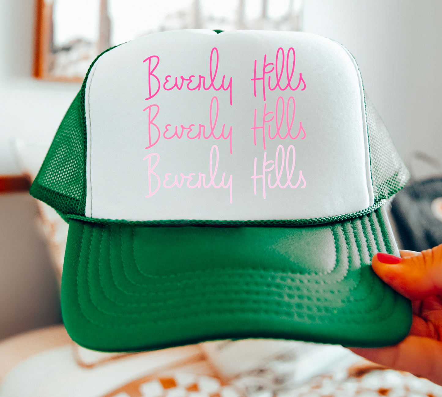 Preppy Beverly Hills Stacked Trucker Hat California